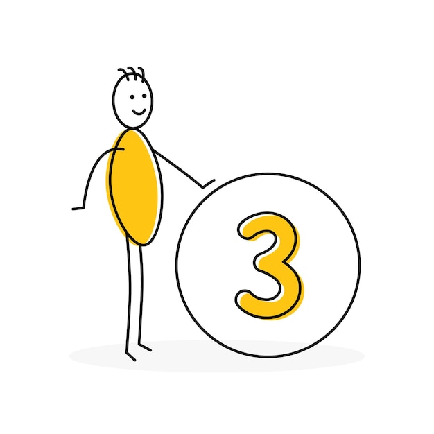 흰색 배경에 고립 된 숫자 3 또는 3을 보여주는 막대기 남자.