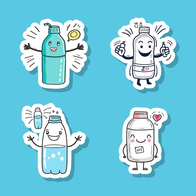 Vector sticker of animated bottles with friendly faces