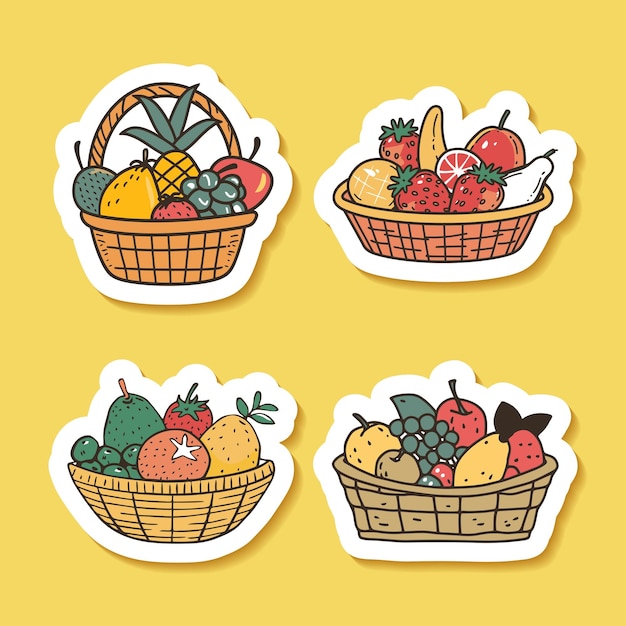 Vector sticker assortment of colorful fruit baskets with a variety of fruits
