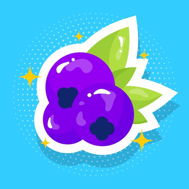 Sticker blueberry in pop art style, juicy colours.