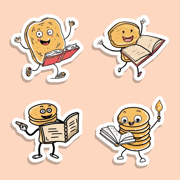Vector sticker of bread characters reading and writing