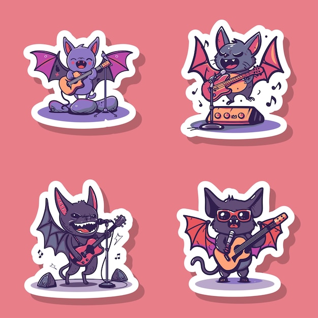 Vector sticker of cartoon bats with different musical expressions