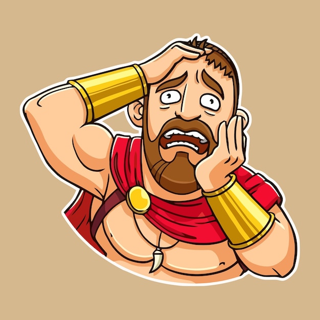 Vector sticker cartoon character of spartan warrior with dumbfounded face wearing red cape and necklace of fangs