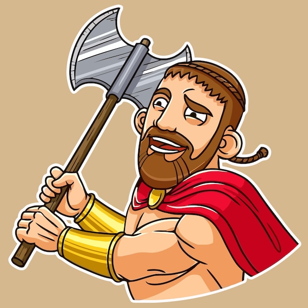 Personaggio dei cartoni animati adesivo del guerriero spartano con sguardo eccitato sul viso che tiene un'ascia che indossa un mantello rosso