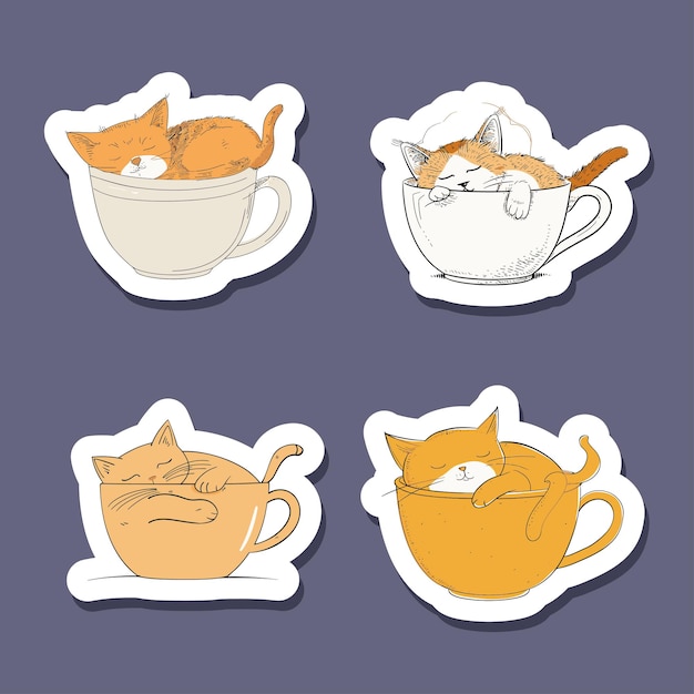 Vector sticker of cats relaxing in coffee cups