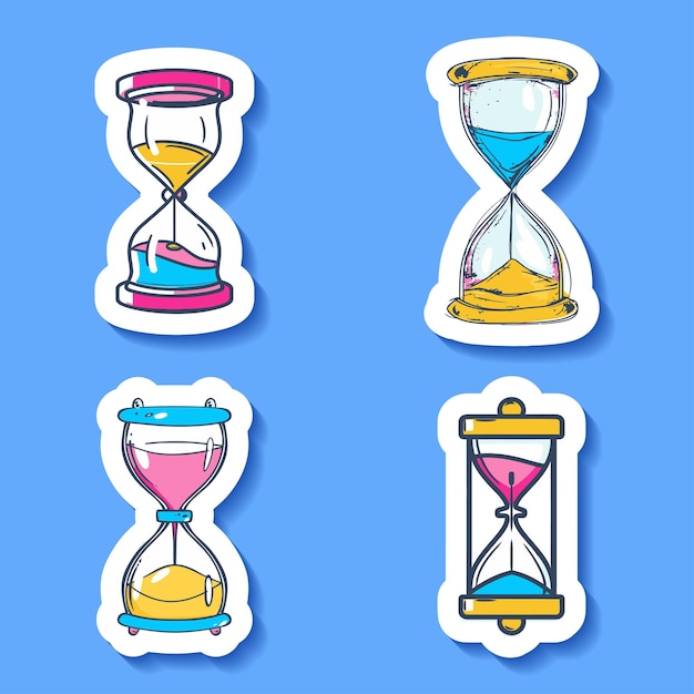 Vector sticker collection of animated colorful hourglasses