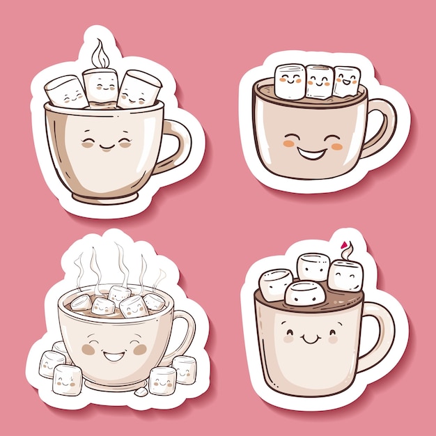 sticker collection of cute hot beverage cups with smiley faces