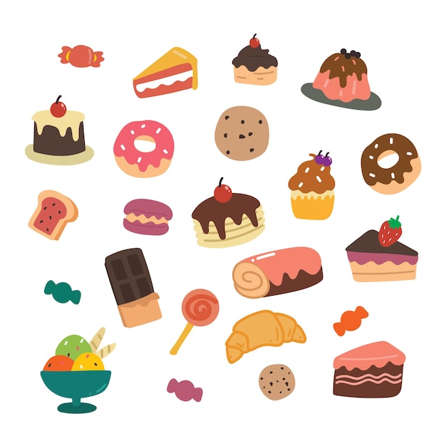 Vector sticker collection set cartoon of sweets and dessert