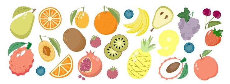 Vector ステッカーコレクション 異なる果物とベリーのセット 有機ビタミンと健康的な食品
