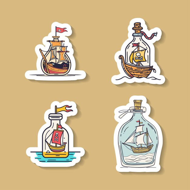 Vector sticker collection of ships in bottles