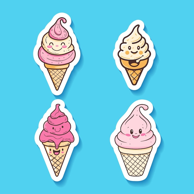 Vector sticker collection of various ice cream cones