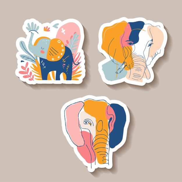 Sticker compilation of artistic elephant designs with creative patterns and colors