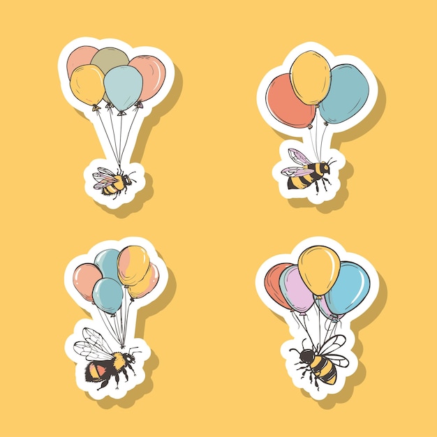 Vector sticker of cute bees with colorful balloons