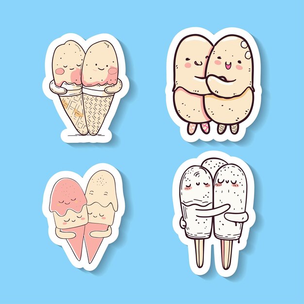 Vector sticker of cute ice cream characters hugging