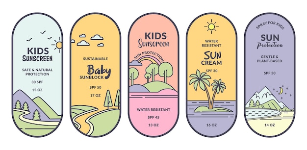 Vector sticker decorontwerp voor zonnebrandcrème pakket kids huidverzorging productlabel collectie vectorillustratie platte landschapselementen op kleurrijke achtergrond zon bescherming concept