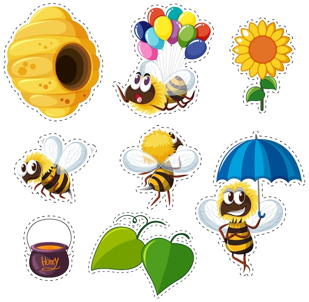 Vector sticker design for bees and beehive