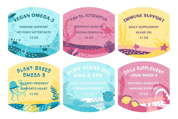 Sticker design set for omega supplement package