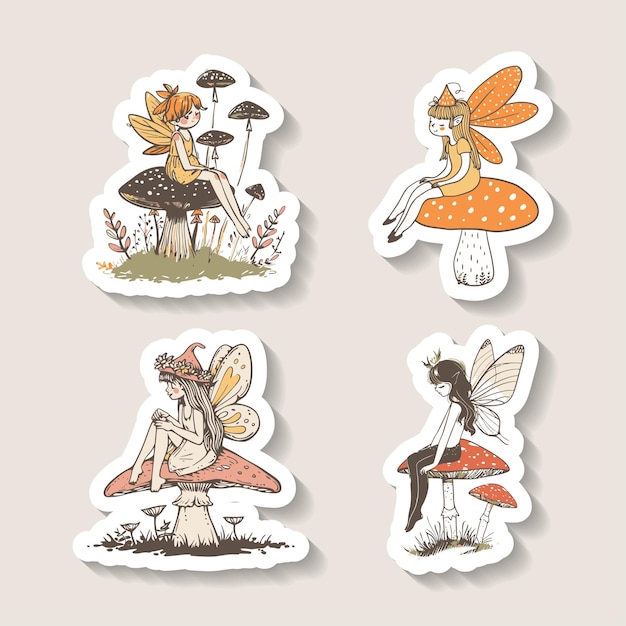 Vector sticker designs of whimsical fairies seated on mushrooms in a magical forest