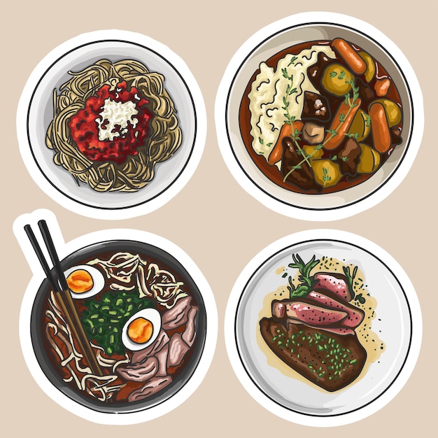 Sticker diner. Ramen. Spaghetti. Rundvlees. Tandsteen. Steak. vectorafbeeldingen