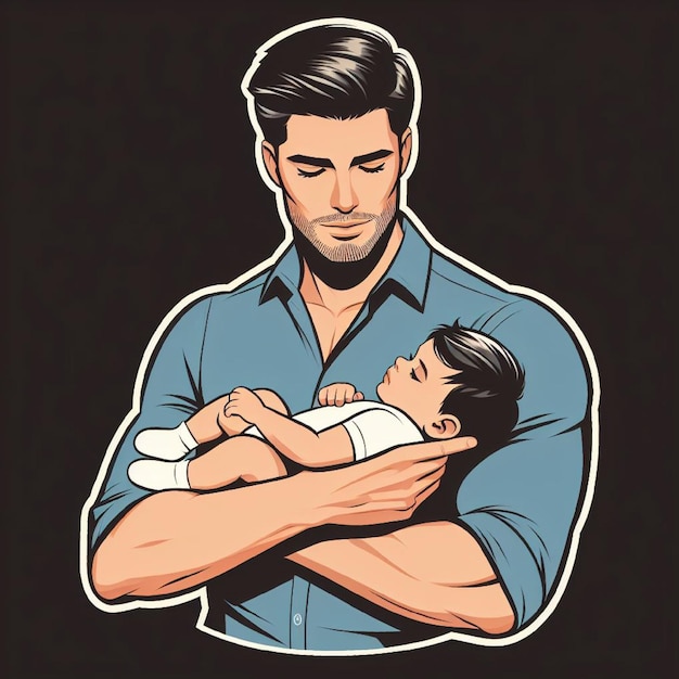 Вектор Наклейка отца с ребенком на руках концепция дня отца в стиле комикса