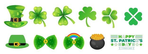 Vector a sticker of four leaf clovers and a pot of gold.