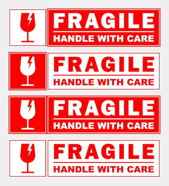 Sticker fragile handle with care red and white printable sign symbol for delivery package simple