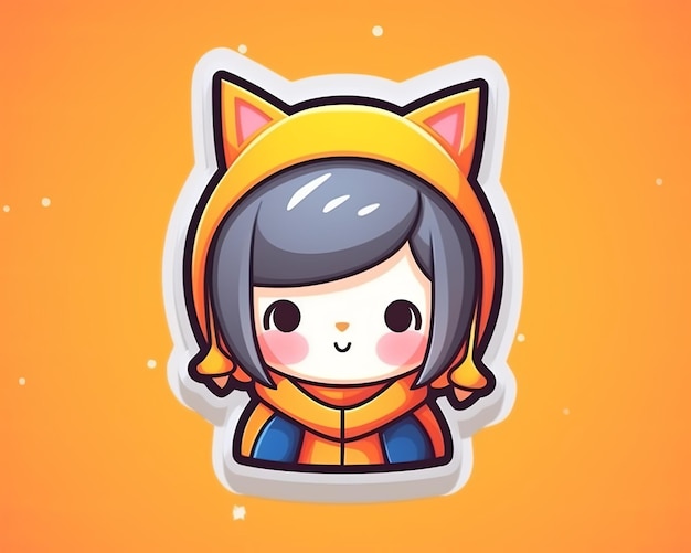 A sticker of a girl wearing a cat hat on an orange background