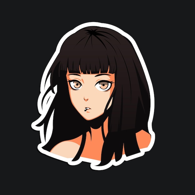 A sticker of a girl with black hair and a black background.