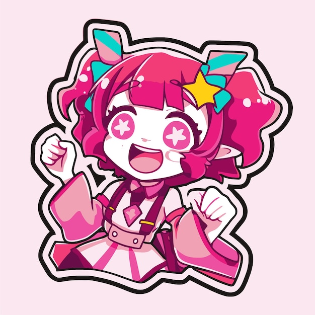 A sticker of a girl with pink hair and pink hair with pink and purple hair and a pink star on her head.