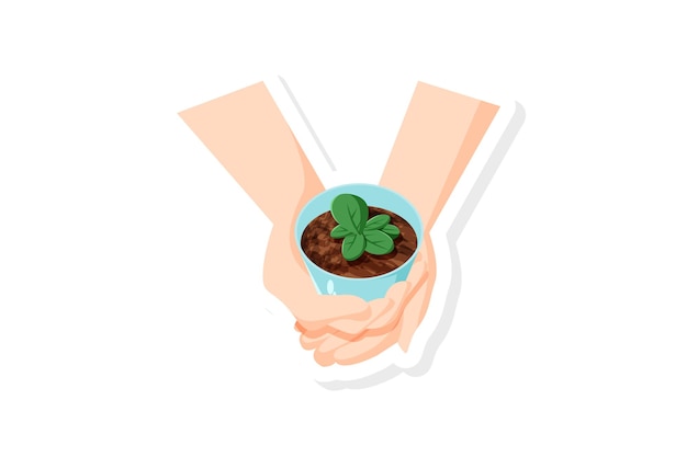 Sticker of Hand Holding a Pot Vector Illustration