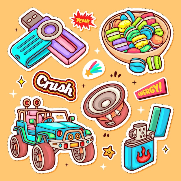 Sticker Icons Hand Drawn Doodle Coloring Vector Collection