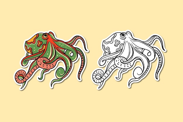 Vector sticker illustration of octopus traditional art