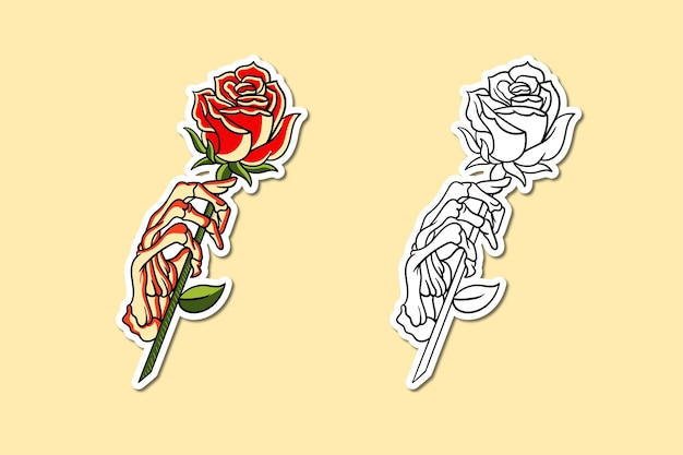 Sticker illustration of a skull hand holding a rose