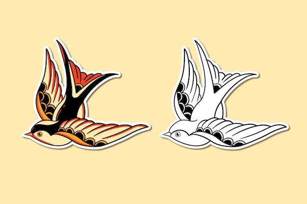 Sticker illustration of a swallow flying in traditional tattoo