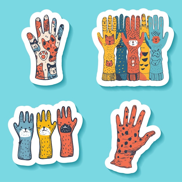 Vector sticker illustration of various colorful hands decorated with patterns and characters