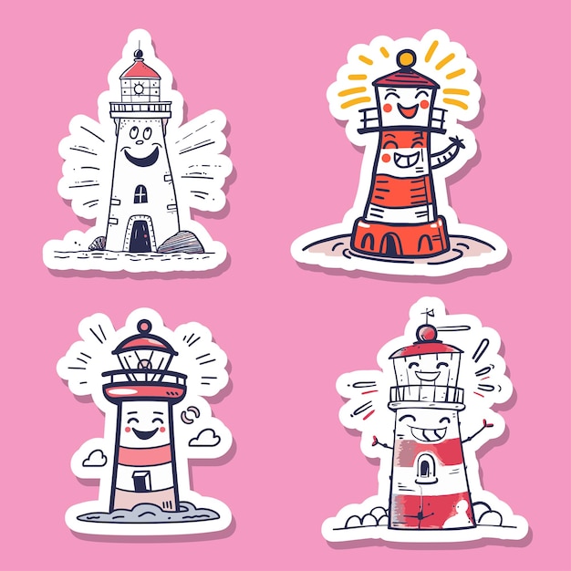 Sticker of joyful lighthouses with cheerful faces