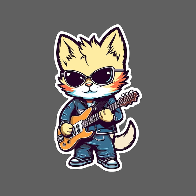Sticker of mascot rock cat playing guitar
