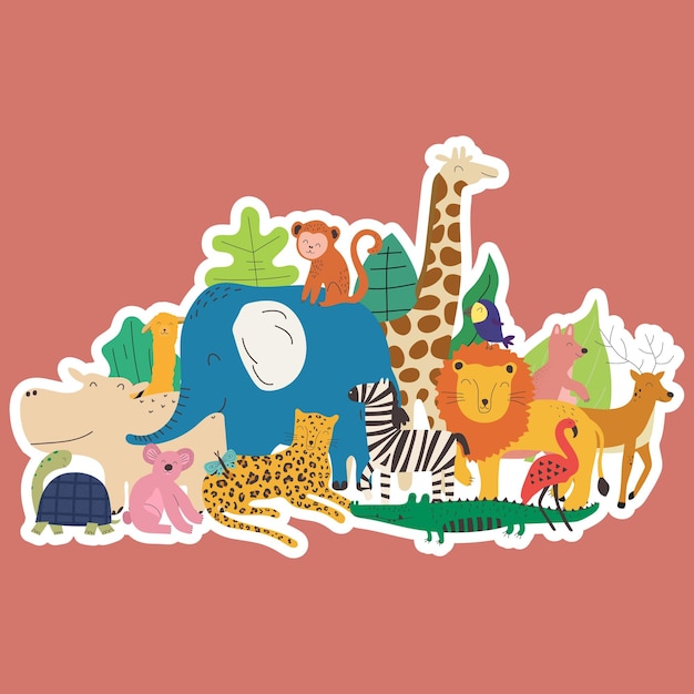 Vector sticker met hand getrokken kleurrijke dieren schattige kinderen stijlsjabloon voor spel en onderwijs platte ontwerp vectorillustratie