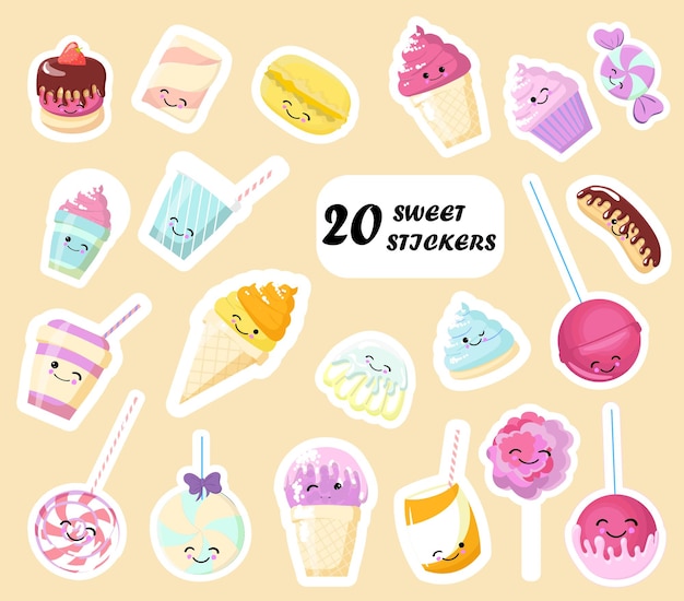 Sticker met opschrift So cute. IJs, snoep, pet met koffie, frisdrank, cupcake, macarons.