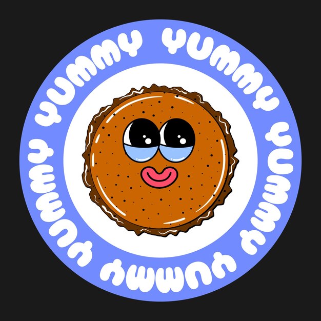 Sticker met snoepjes in een retro cartoon-stijl met tekst in een cirkel
