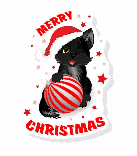 Sticker met zwarte kat Schattig klein poesje zittend met kerstbal