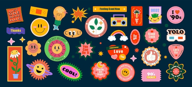 Vector sticker pack collectie van trendy pinnen cool trendy patches vector design abstracte achtergrond met stickers collectie van trendy retro sticker cartoon vormen vector illustratie