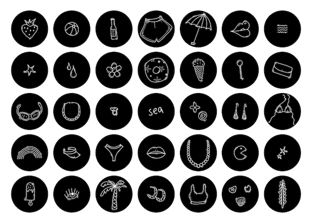 Sticker pack Doodle trendy illustrations in black circles Collection of sea travel stickers Set of cool vector design Retro badges