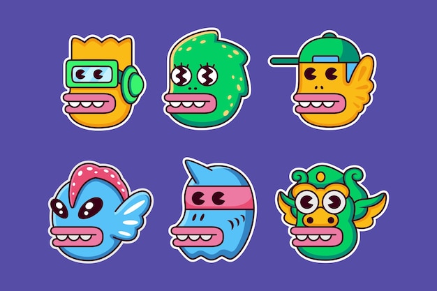 Sticker pack of funny cartoon characters. Vector head illustration isolated on premium vector.