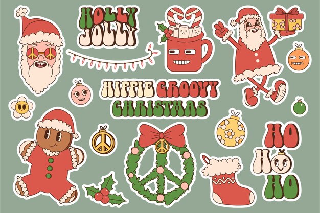 Sticker pack of retro cartoon characters and elements. Merry Christmas and Happy New year. Groovy.