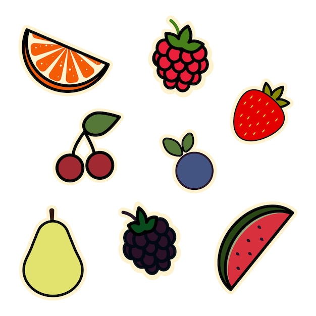 Vettore sticker pack una serie di adesivi per bacche e frutta adesivi per l'imballaggio vector design line art