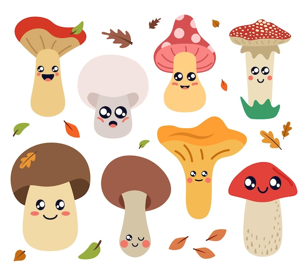 Vector sticker pack set met grappige paddestoelen met gezichten grote ogen platte vectorillustratie