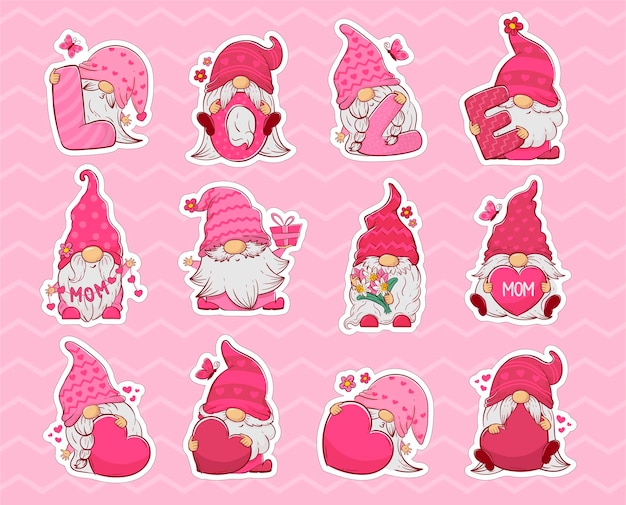 Sticker pack with adorable cheerful gnomes in pink clothes with hearts gifts and flowers for Mother39s Day and Valentine39s Day