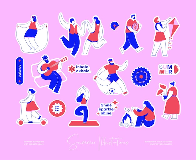 Sticker pack with colourful illustrations of fun activities and motivation quotes