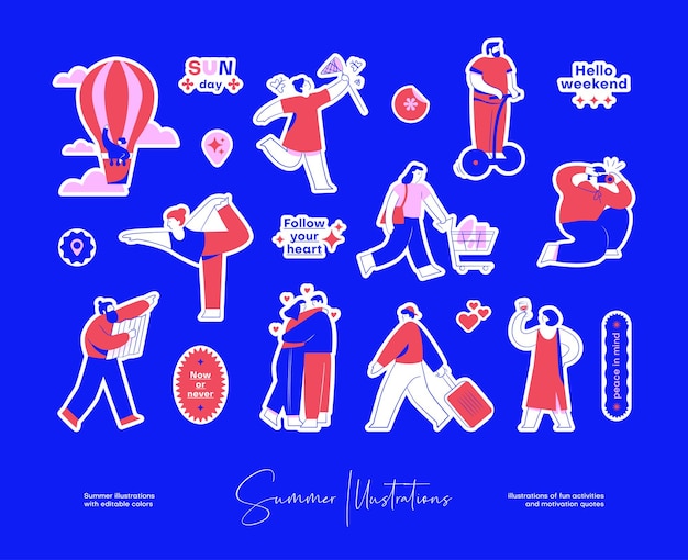 벡터 재미있는 활동과 동기 부여 인용구의 다채로운 삽화가 있는 스티커 팩